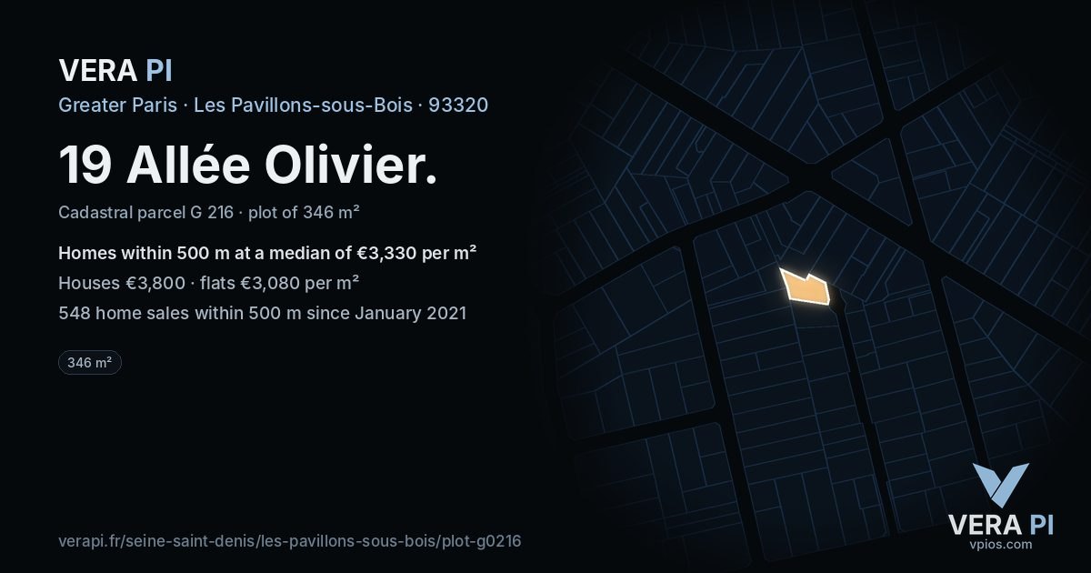 19 Allée Olivier, Les Pavillons-sous-Bois at night – the plot lit, the parcels around coloured by the prices near them