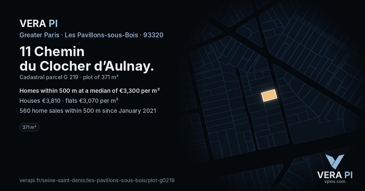 11 Chemin du Clocher d’Aulnay, Les Pavillons-sous-Bois at night – the plot lit, the parcels around coloured by the prices near them