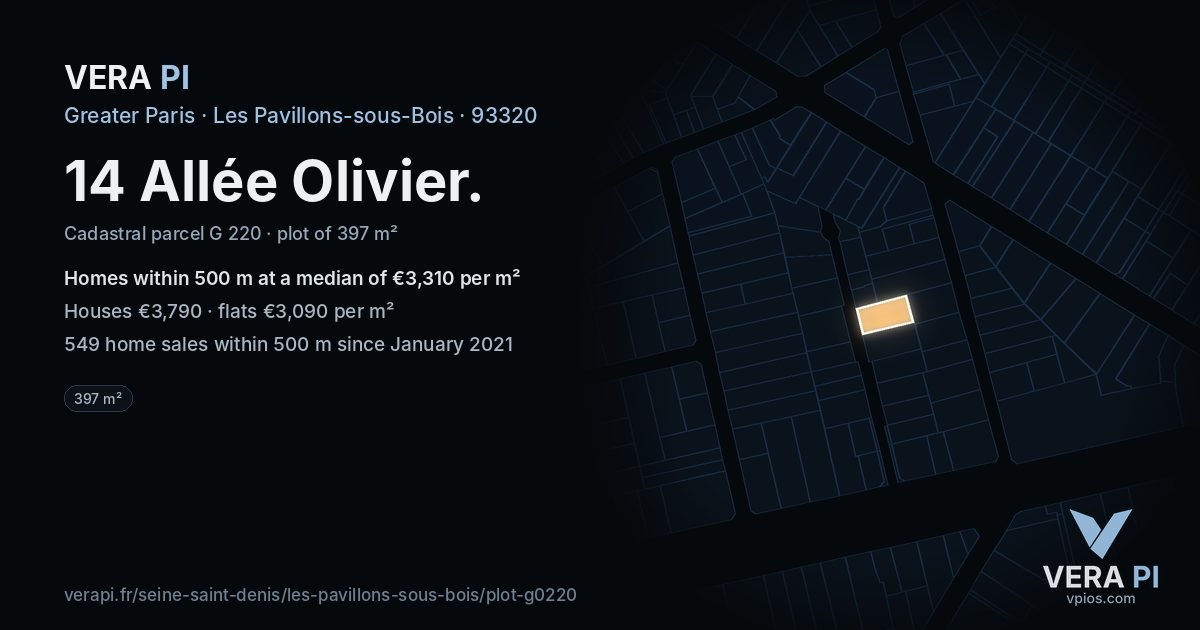 14 Allée Olivier, Les Pavillons-sous-Bois at night – the plot lit, the parcels around coloured by the prices near them