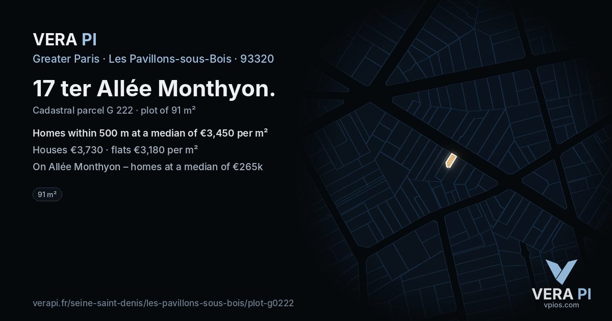 17 ter Allée Monthyon, Les Pavillons-sous-Bois at night – the plot lit, the parcels around coloured by the prices near them