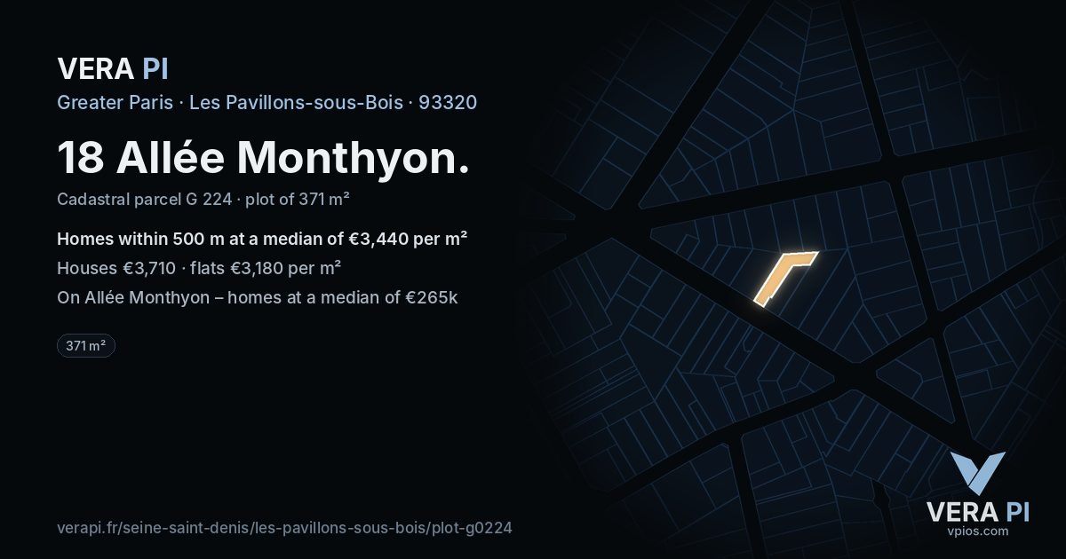 18 Allée Monthyon, Les Pavillons-sous-Bois at night – the plot lit, the parcels around coloured by the prices near them