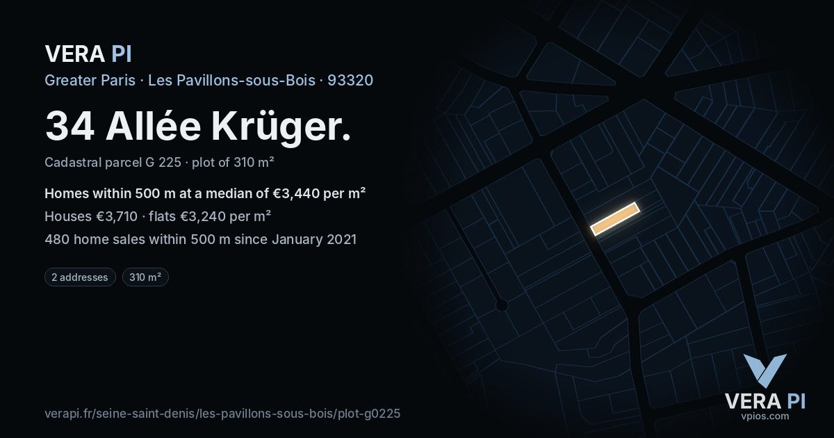 34 Allée Krüger, Les Pavillons-sous-Bois at night – the plot lit, the parcels around coloured by the prices near them