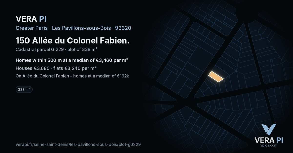 150 Allée du Colonel Fabien, Les Pavillons-sous-Bois at night – the plot lit, the parcels around coloured by the prices near them