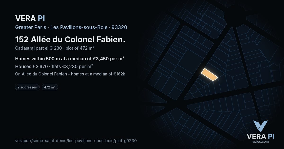 152 Allée du Colonel Fabien, Les Pavillons-sous-Bois at night – the plot lit, the parcels around coloured by the prices near them