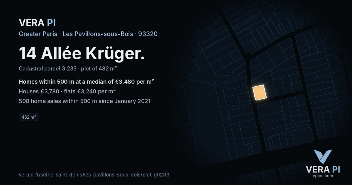 14 Allée Krüger, Les Pavillons-sous-Bois at night – the plot lit, the parcels around coloured by the prices near them