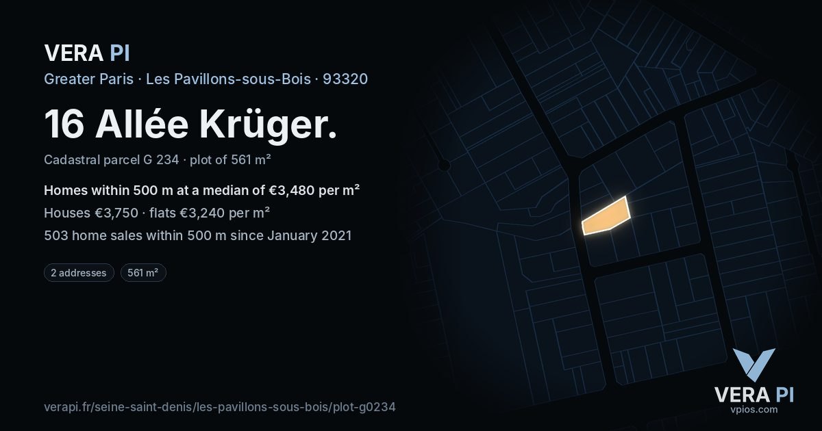 16 Allée Krüger, Les Pavillons-sous-Bois at night – the plot lit, the parcels around coloured by the prices near them