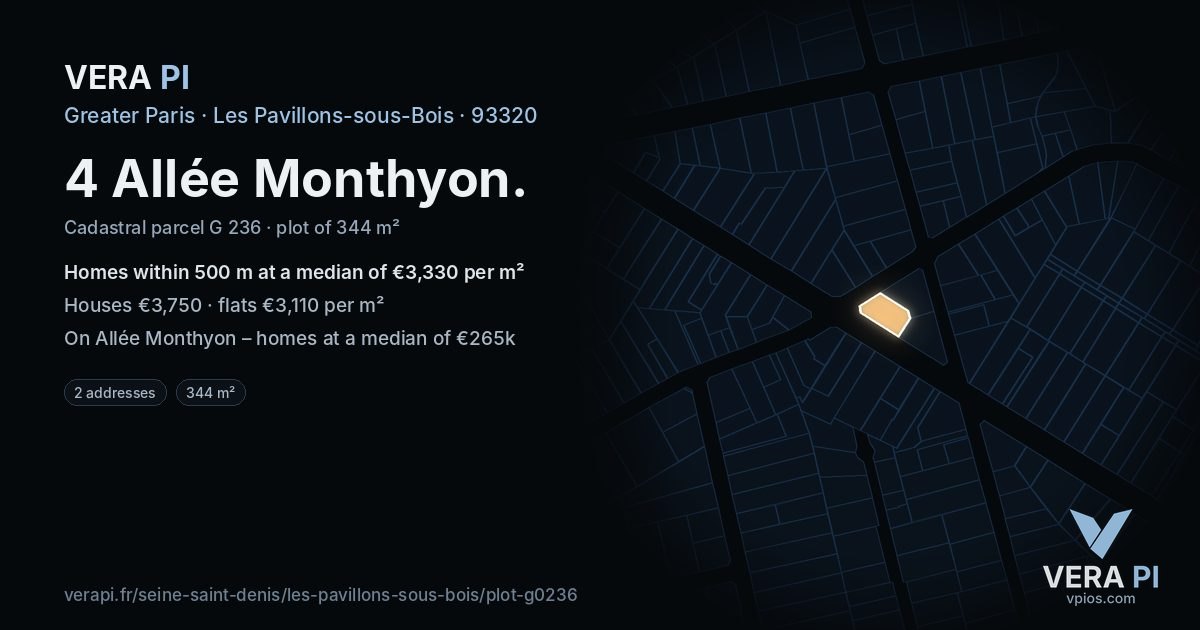 4 Allée Monthyon, Les Pavillons-sous-Bois at night – the plot lit, the parcels around coloured by the prices near them