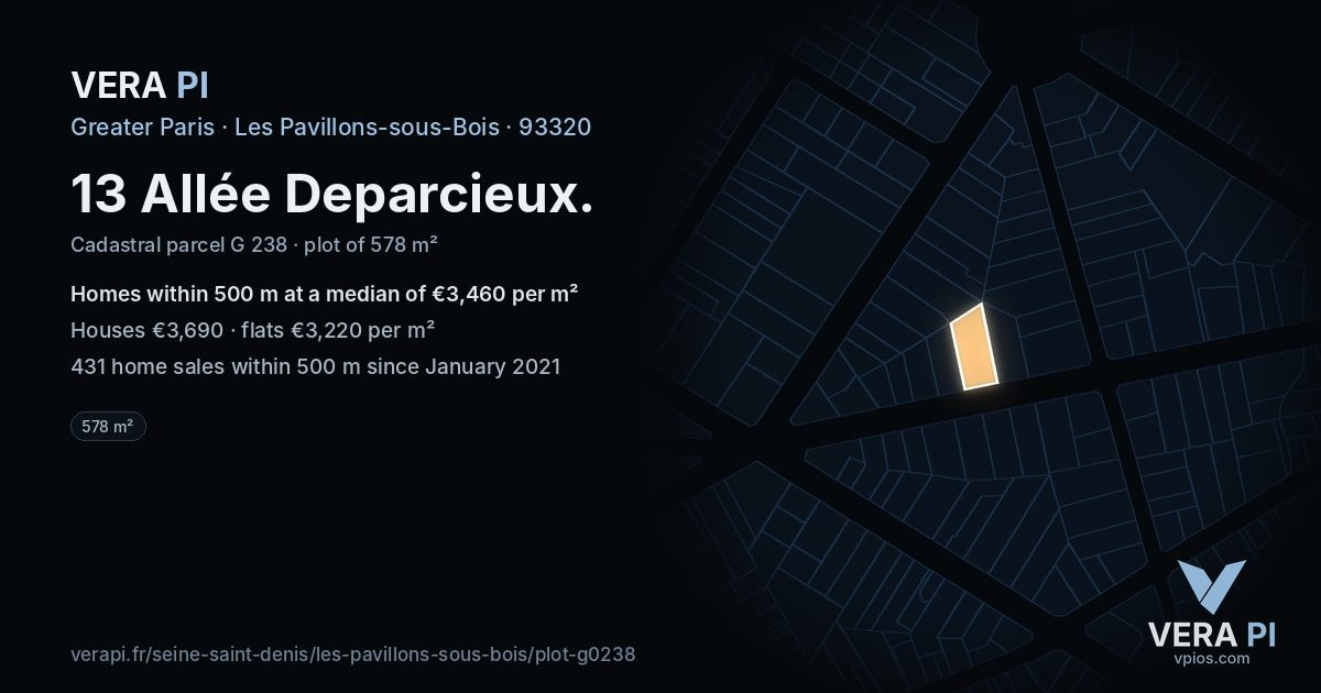 13 Allée Deparcieux, Les Pavillons-sous-Bois at night – the plot lit, the parcels around coloured by the prices near them