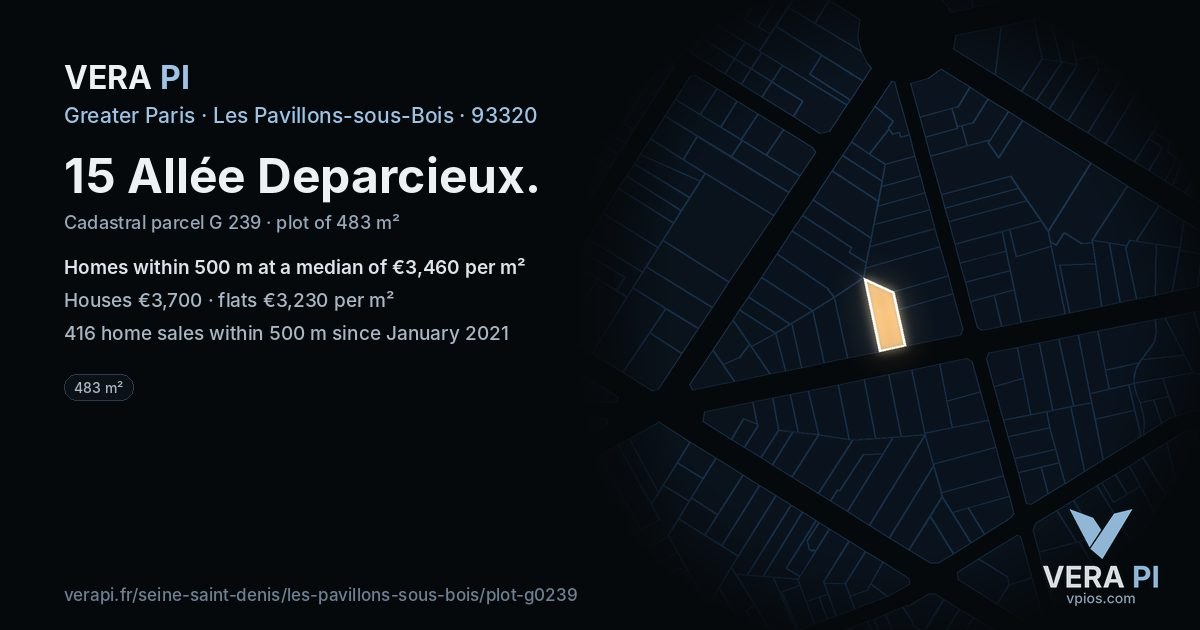 15 Allée Deparcieux, Les Pavillons-sous-Bois at night – the plot lit, the parcels around coloured by the prices near them