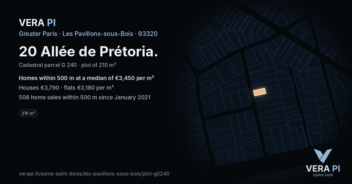 20 Allée de Prétoria, Les Pavillons-sous-Bois at night – the plot lit, the parcels around coloured by the prices near them