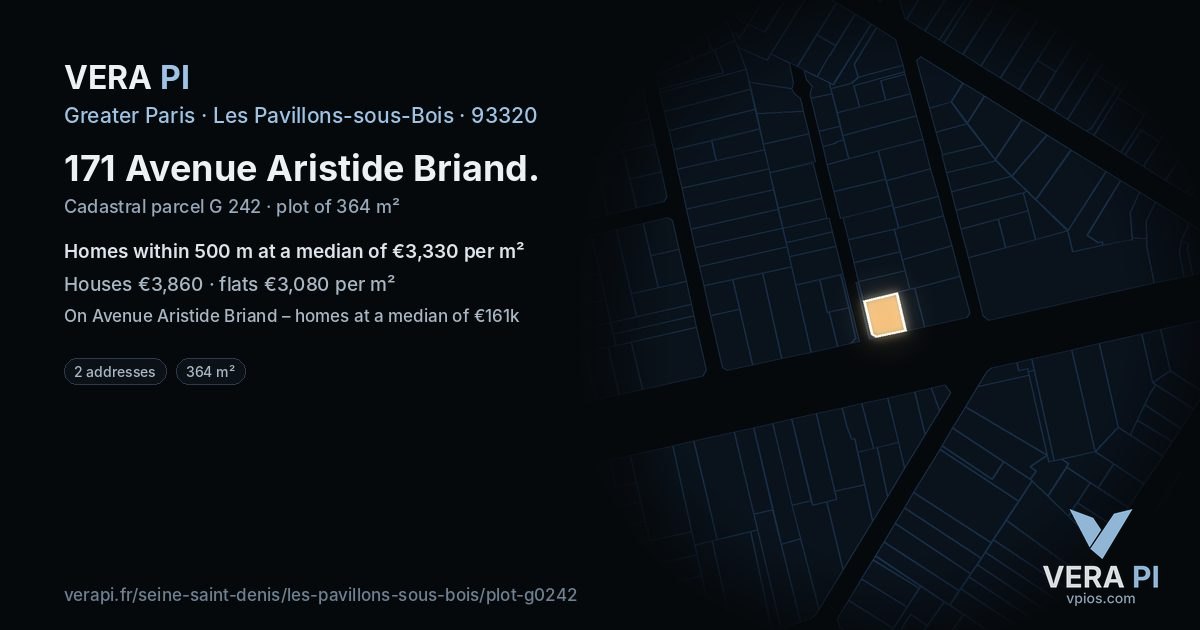 171 Avenue Aristide Briand, Les Pavillons-sous-Bois at night – the plot lit, the parcels around coloured by the prices near them