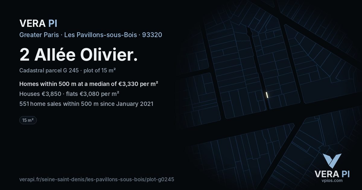 2 Allée Olivier, Les Pavillons-sous-Bois at night – the plot lit, the parcels around coloured by the prices near them