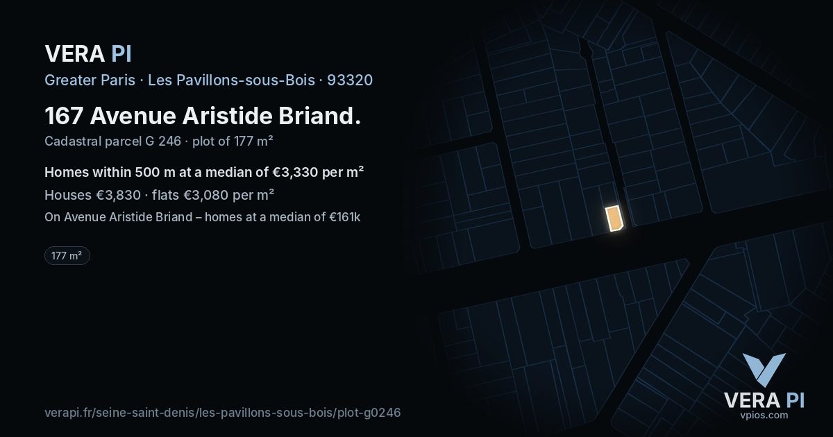 167 Avenue Aristide Briand, Les Pavillons-sous-Bois at night – the plot lit, the parcels around coloured by the prices near them