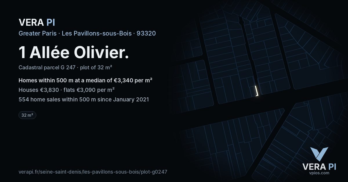1 Allée Olivier, Les Pavillons-sous-Bois at night – the plot lit, the parcels around coloured by the prices near them
