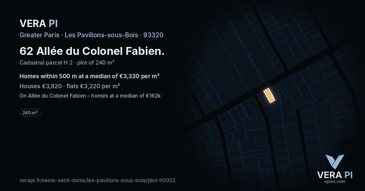 62 Allée du Colonel Fabien, Les Pavillons-sous-Bois at night – the plot lit, the parcels around coloured by the prices near them