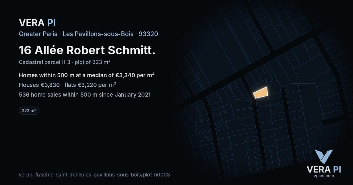 16 Allée Robert Schmitt, Les Pavillons-sous-Bois at night – the plot lit, the parcels around coloured by the prices near them