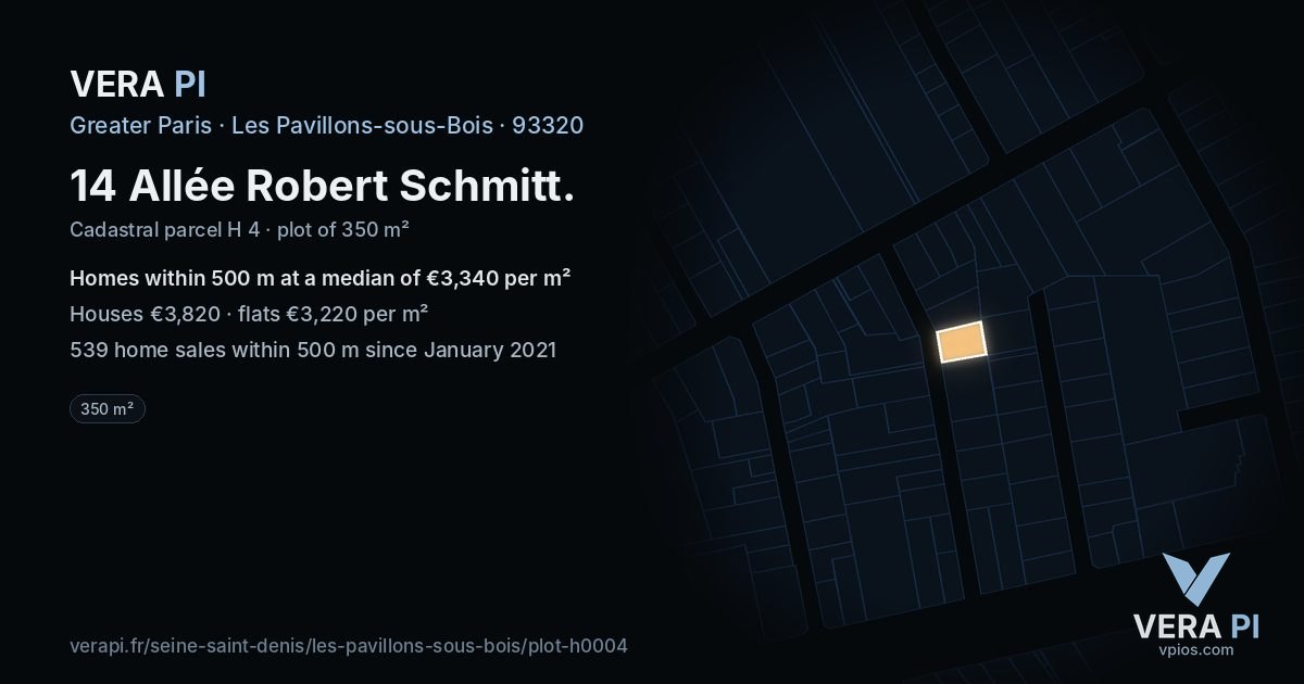 14 Allée Robert Schmitt, Les Pavillons-sous-Bois at night – the plot lit, the parcels around coloured by the prices near them