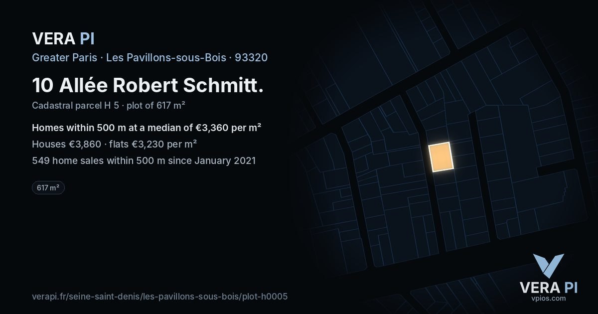 10 Allée Robert Schmitt, Les Pavillons-sous-Bois at night – the plot lit, the parcels around coloured by the prices near them