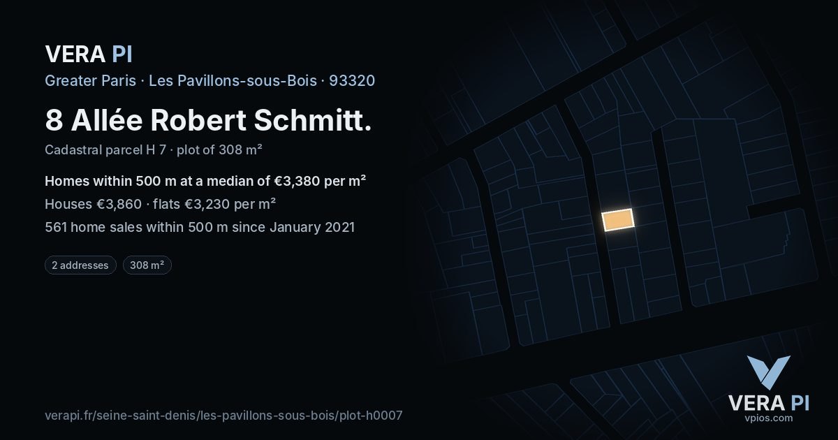 8 Allée Robert Schmitt, Les Pavillons-sous-Bois at night – the plot lit, the parcels around coloured by the prices near them