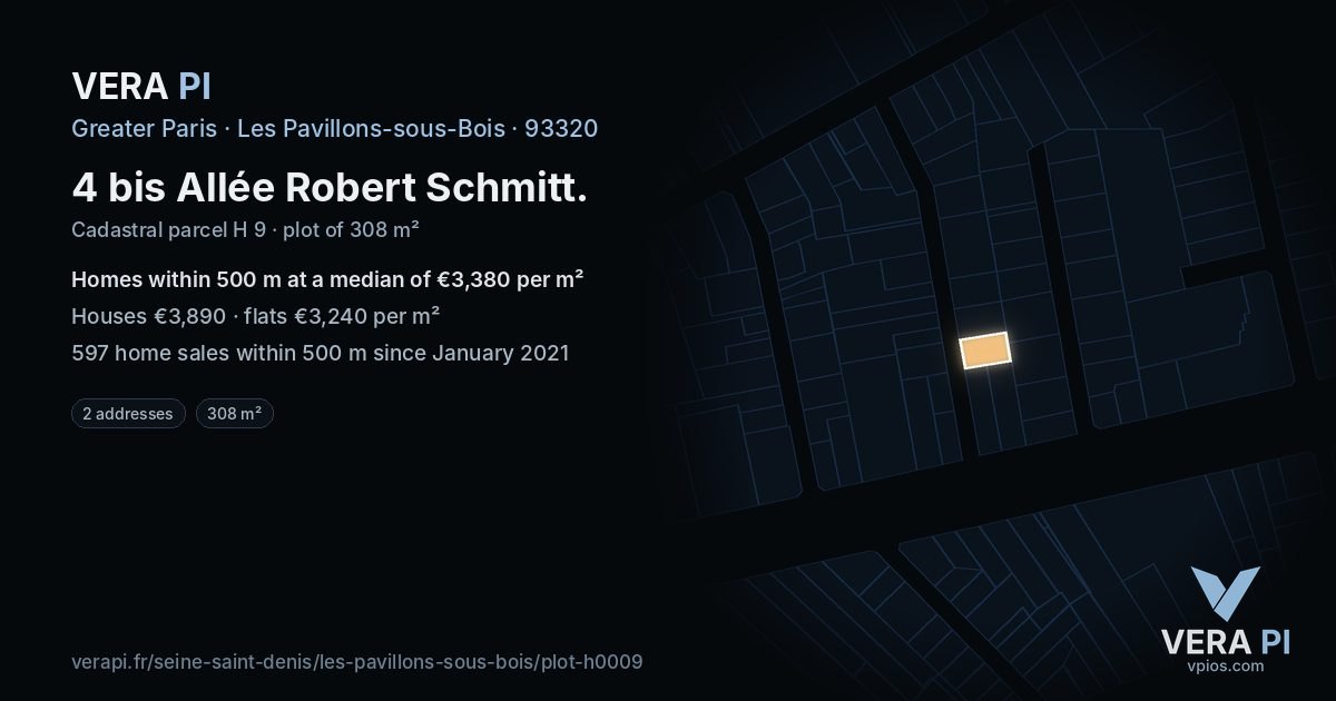 4 bis Allée Robert Schmitt, Les Pavillons-sous-Bois at night – the plot lit, the parcels around coloured by the prices near them