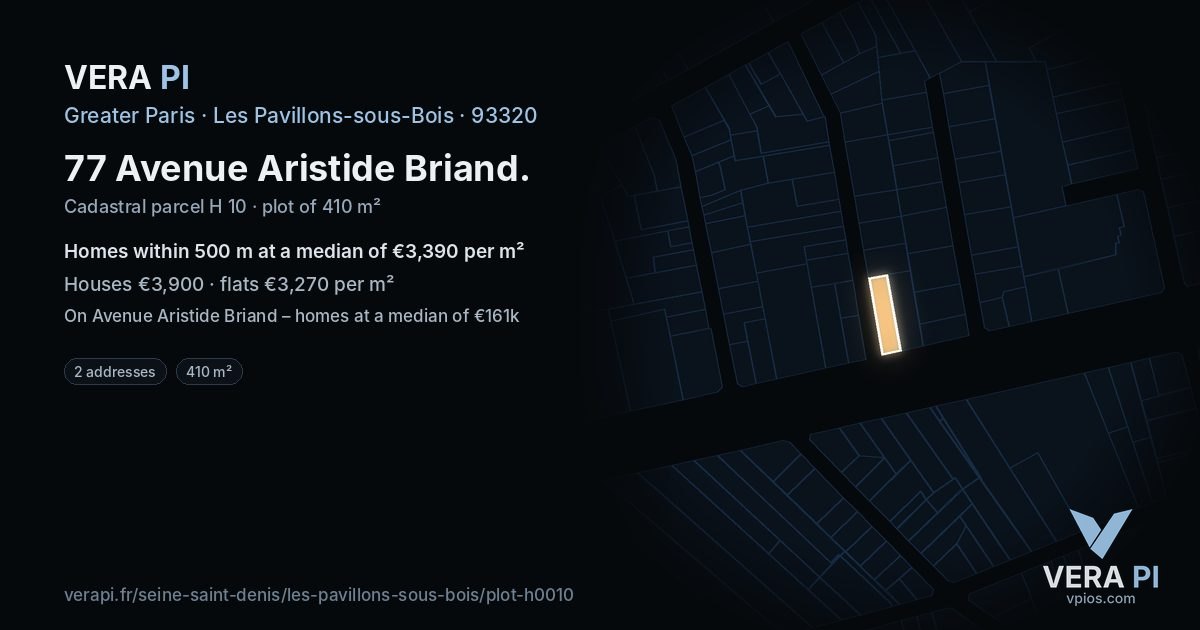 77 Avenue Aristide Briand, Les Pavillons-sous-Bois at night – the plot lit, the parcels around coloured by the prices near them