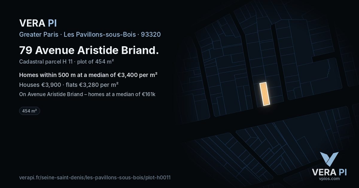79 Avenue Aristide Briand, Les Pavillons-sous-Bois at night – the plot lit, the parcels around coloured by the prices near them