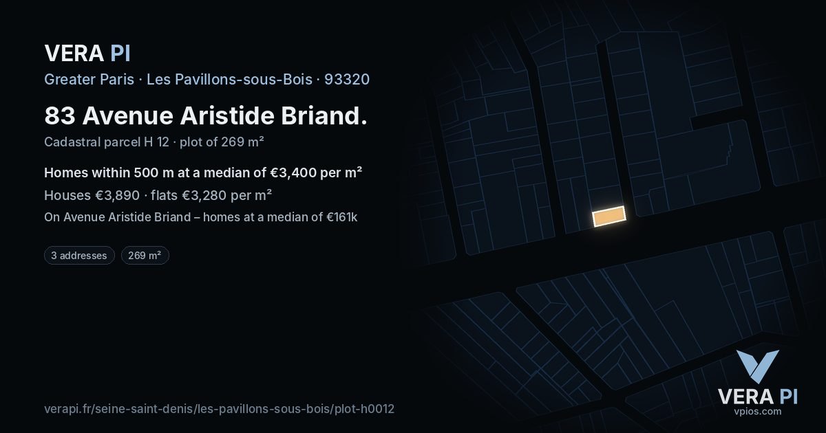 83 Avenue Aristide Briand, Les Pavillons-sous-Bois at night – the plot lit, the parcels around coloured by the prices near them