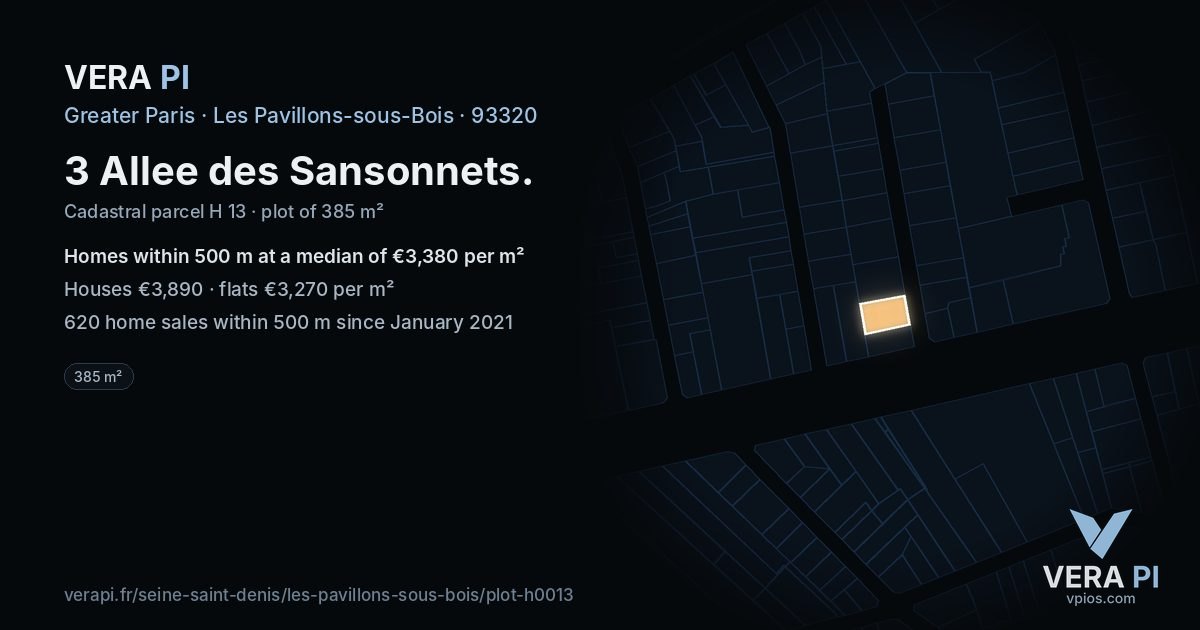 3 Allee des Sansonnets, Les Pavillons-sous-Bois at night – the plot lit, the parcels around coloured by the prices near them