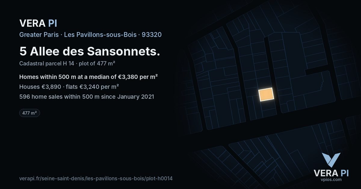 5 Allee des Sansonnets, Les Pavillons-sous-Bois at night – the plot lit, the parcels around coloured by the prices near them