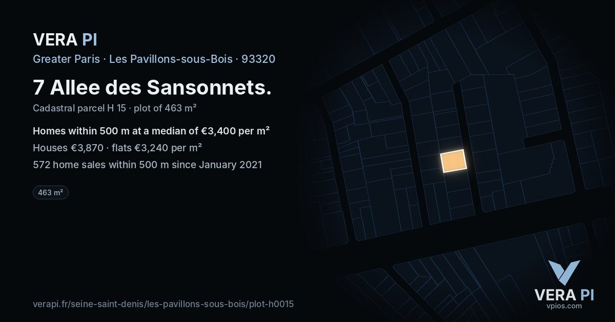 7 Allee des Sansonnets, Les Pavillons-sous-Bois at night – the plot lit, the parcels around coloured by the prices near them