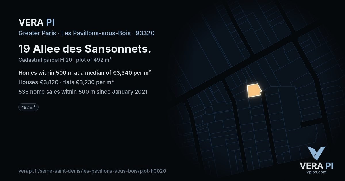 19 Allee des Sansonnets, Les Pavillons-sous-Bois at night – the plot lit, the parcels around coloured by the prices near them
