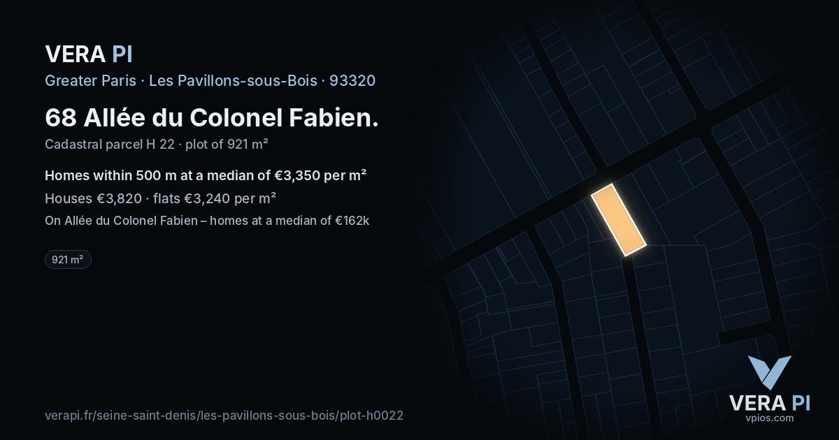 68 Allée du Colonel Fabien, Les Pavillons-sous-Bois at night – the plot lit, the parcels around coloured by the prices near them