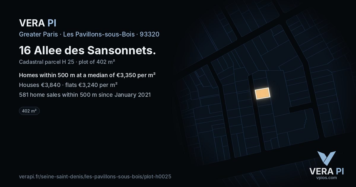 16 Allee des Sansonnets, Les Pavillons-sous-Bois at night – the plot lit, the parcels around coloured by the prices near them