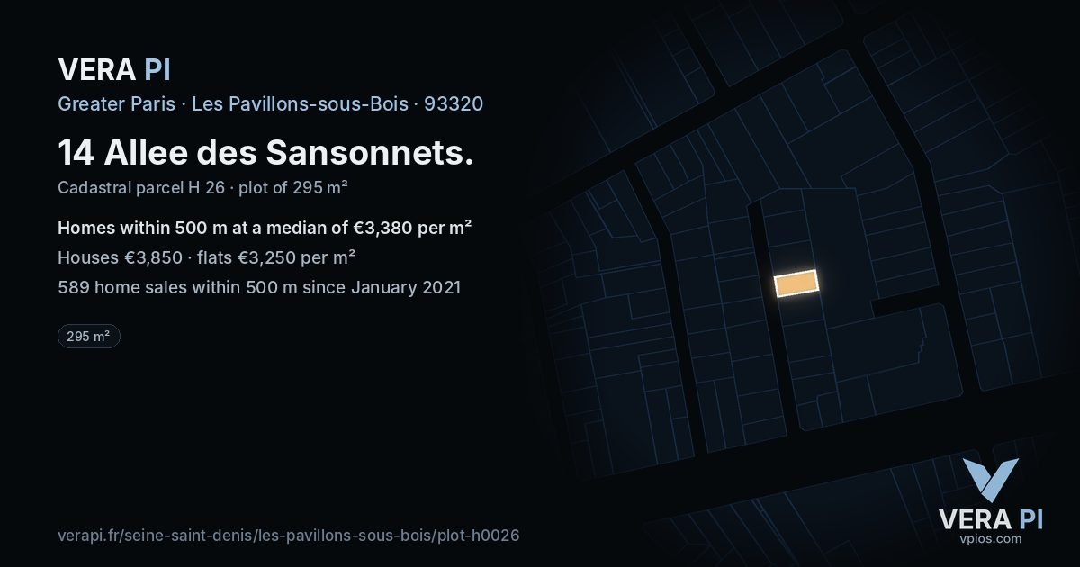14 Allee des Sansonnets, Les Pavillons-sous-Bois at night – the plot lit, the parcels around coloured by the prices near them