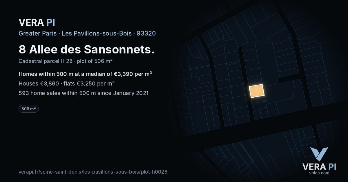 8 Allee des Sansonnets, Les Pavillons-sous-Bois at night – the plot lit, the parcels around coloured by the prices near them