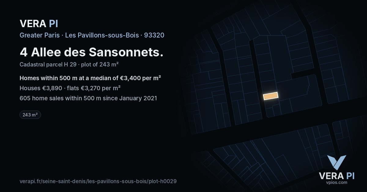 4 Allee des Sansonnets, Les Pavillons-sous-Bois at night – the plot lit, the parcels around coloured by the prices near them