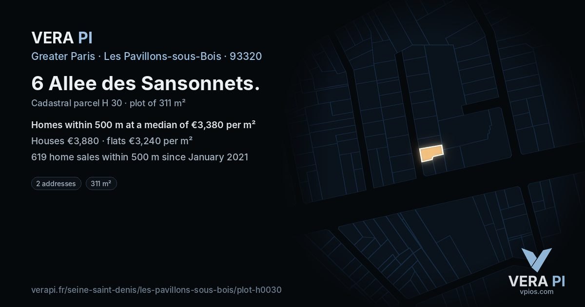 6 Allee des Sansonnets, Les Pavillons-sous-Bois at night – the plot lit, the parcels around coloured by the prices near them