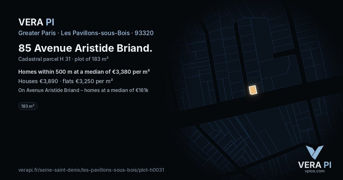 85 Avenue Aristide Briand, Les Pavillons-sous-Bois at night – the plot lit, the parcels around coloured by the prices near them