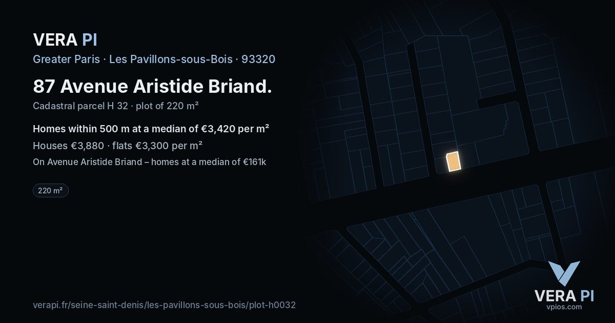87 Avenue Aristide Briand, Les Pavillons-sous-Bois at night – the plot lit, the parcels around coloured by the prices near them
