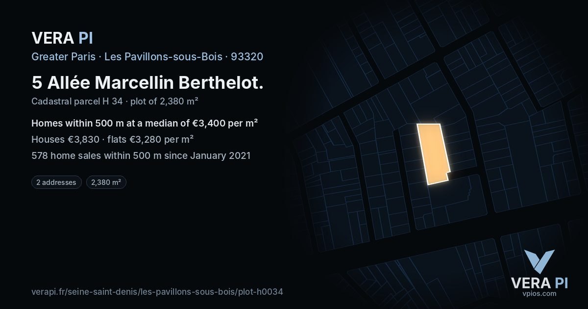 5 Allée Marcellin Berthelot, Les Pavillons-sous-Bois at night – the plot lit, the parcels around coloured by the prices near them