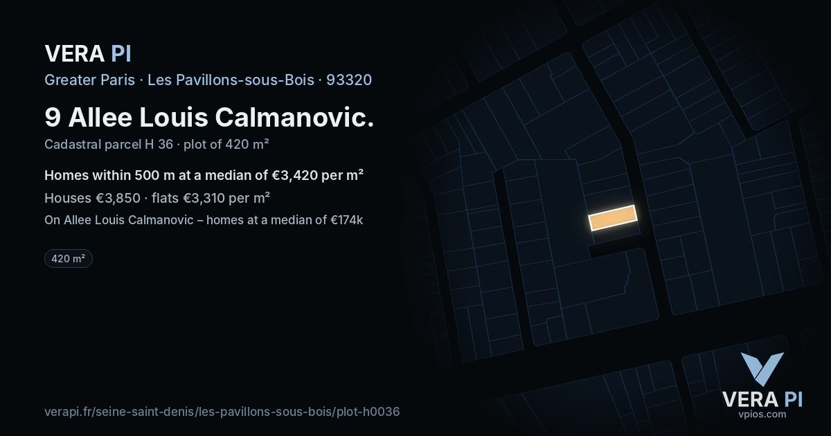 9 Allee Louis Calmanovic, Les Pavillons-sous-Bois at night – the plot lit, the parcels around coloured by the prices near them