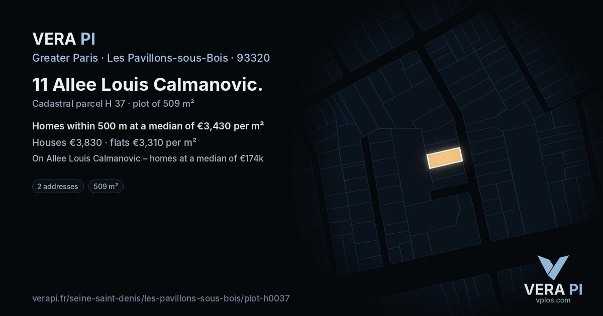 11 Allee Louis Calmanovic, Les Pavillons-sous-Bois at night – the plot lit, the parcels around coloured by the prices near them