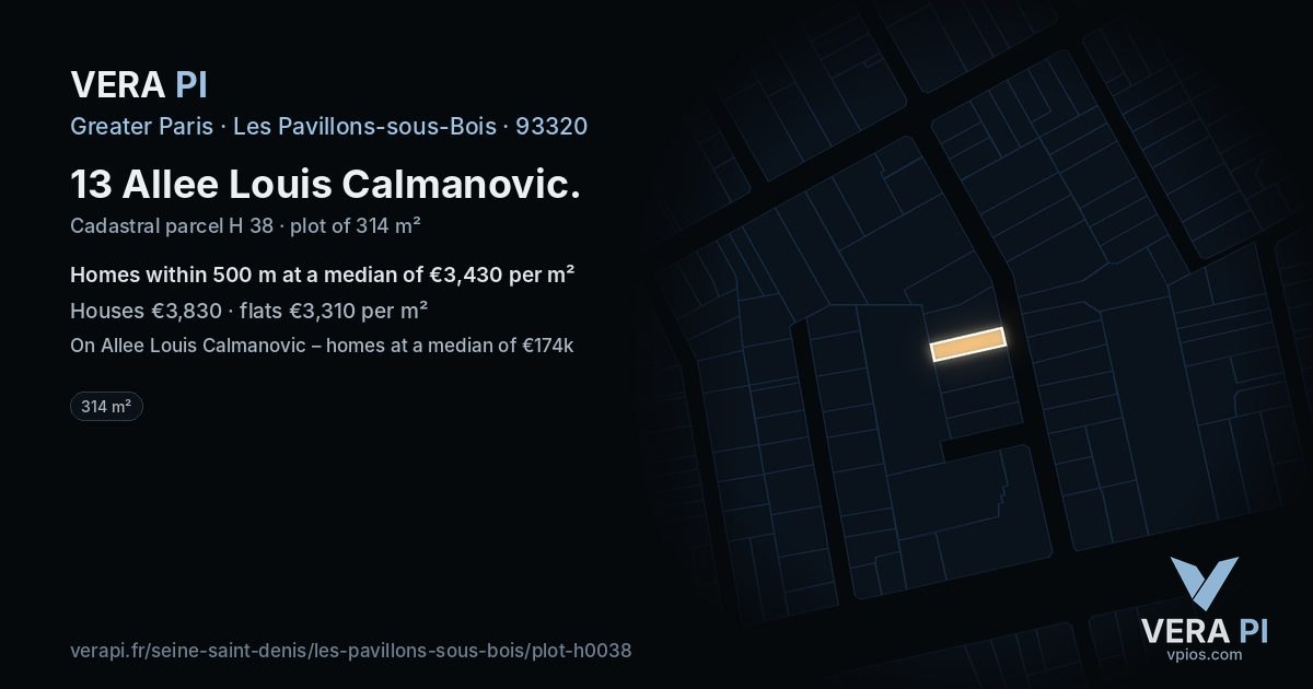 13 Allee Louis Calmanovic, Les Pavillons-sous-Bois at night – the plot lit, the parcels around coloured by the prices near them