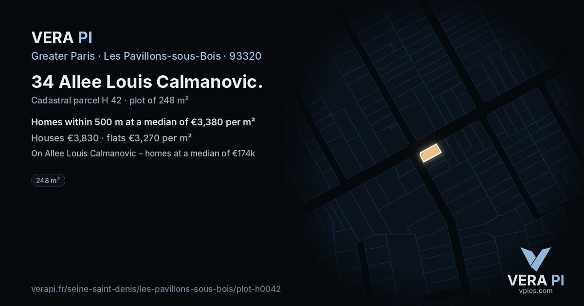 34 Allee Louis Calmanovic, Les Pavillons-sous-Bois at night – the plot lit, the parcels around coloured by the prices near them