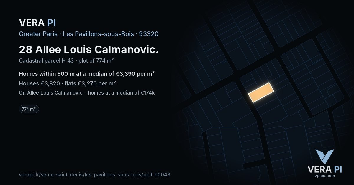 28 Allee Louis Calmanovic, Les Pavillons-sous-Bois at night – the plot lit, the parcels around coloured by the prices near them