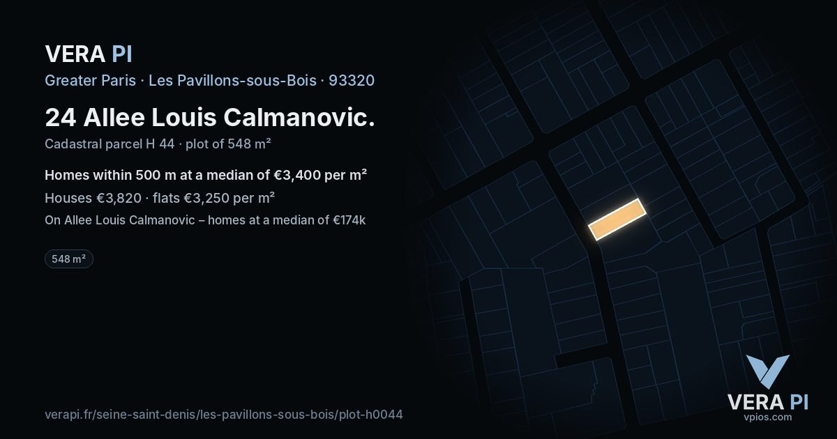 24 Allee Louis Calmanovic, Les Pavillons-sous-Bois at night – the plot lit, the parcels around coloured by the prices near them