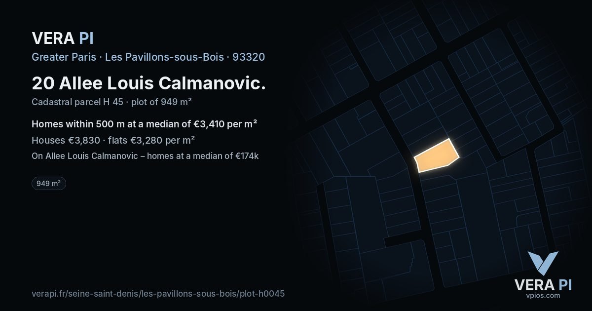 20 Allee Louis Calmanovic, Les Pavillons-sous-Bois at night – the plot lit, the parcels around coloured by the prices near them