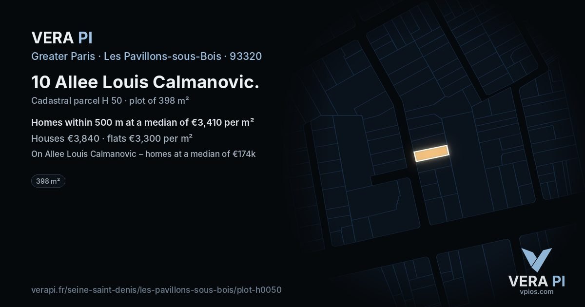 10 Allee Louis Calmanovic, Les Pavillons-sous-Bois at night – the plot lit, the parcels around coloured by the prices near them