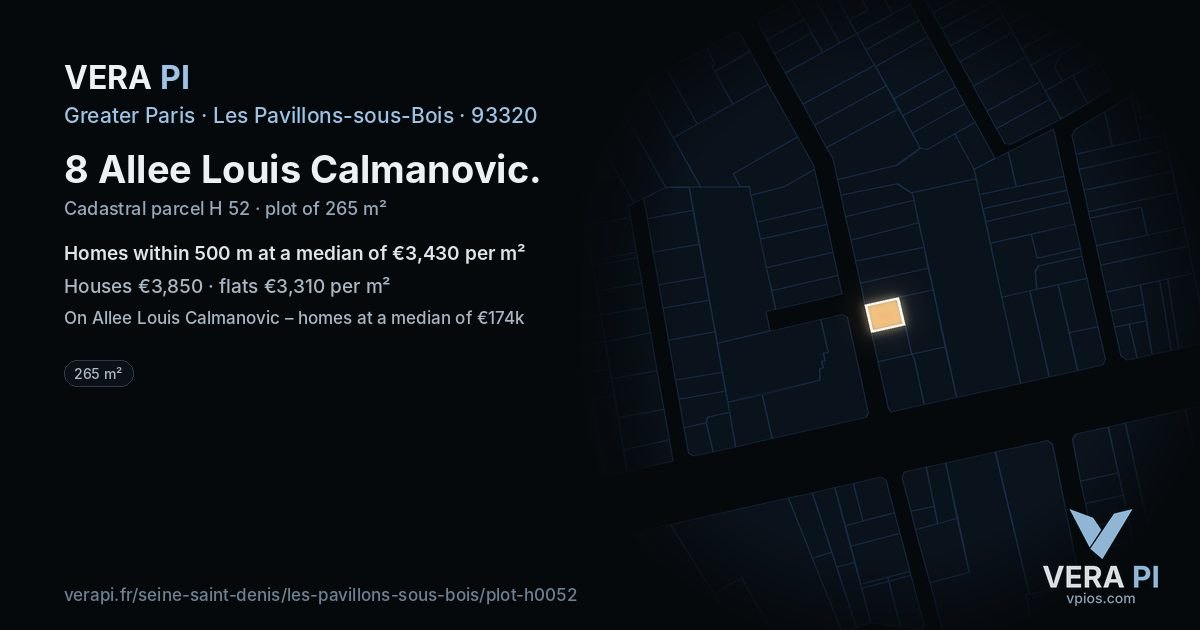 8 Allee Louis Calmanovic, Les Pavillons-sous-Bois at night – the plot lit, the parcels around coloured by the prices near them