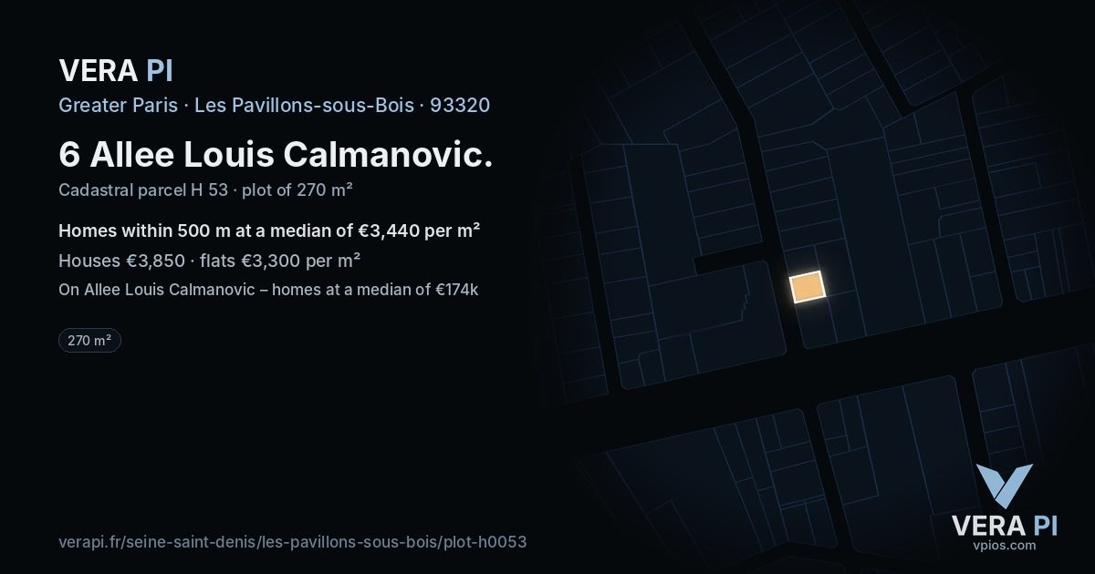 6 Allee Louis Calmanovic, Les Pavillons-sous-Bois at night – the plot lit, the parcels around coloured by the prices near them